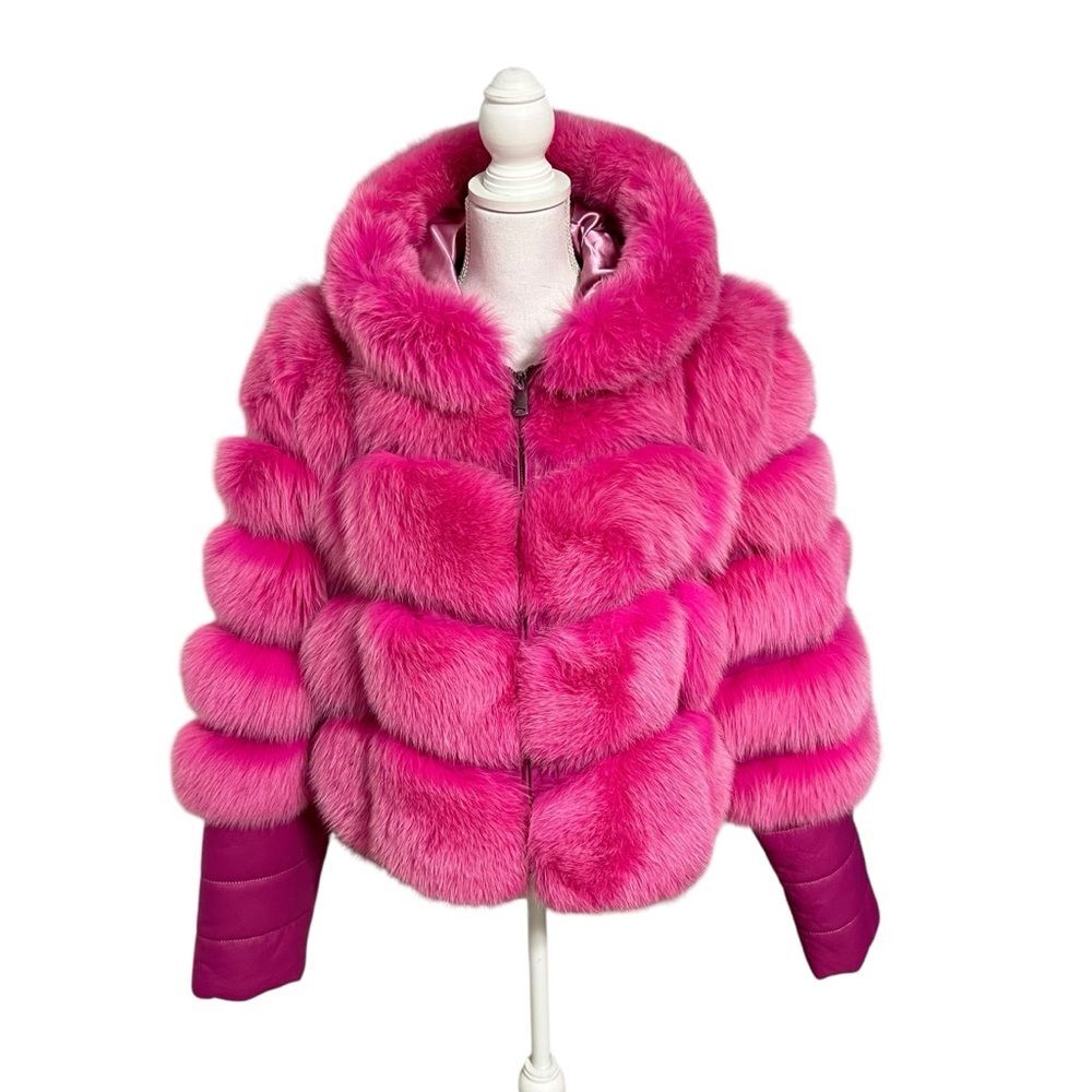 Pink Dyed Fox Fur Convertible Jacket To Vest Hood Size 2XL Womens